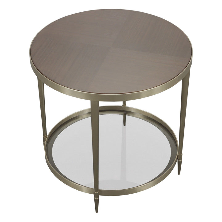 Libby Langdon Marlowe Tiered Round End Table - Smoked Stone - Stainless Steel,Walnut Solids