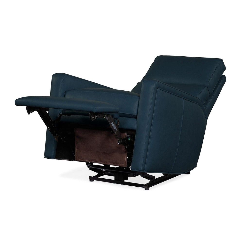 Celeste Zero Gravity Recliner, shown in navy blue with leather, metal, and power recline mechanism.