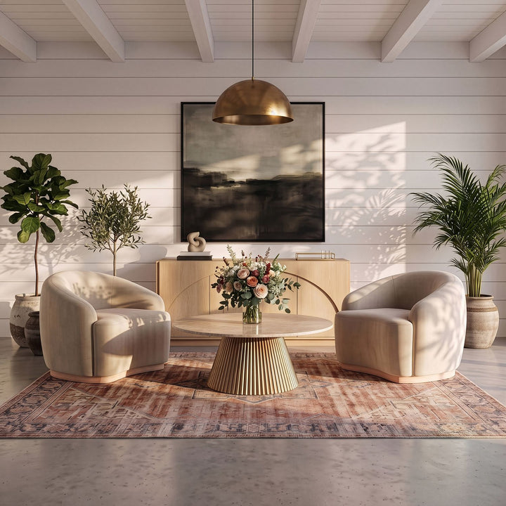 Cindra Genuine Marble Top And Iron Base Coffee Table — Beige / Brushed Brass