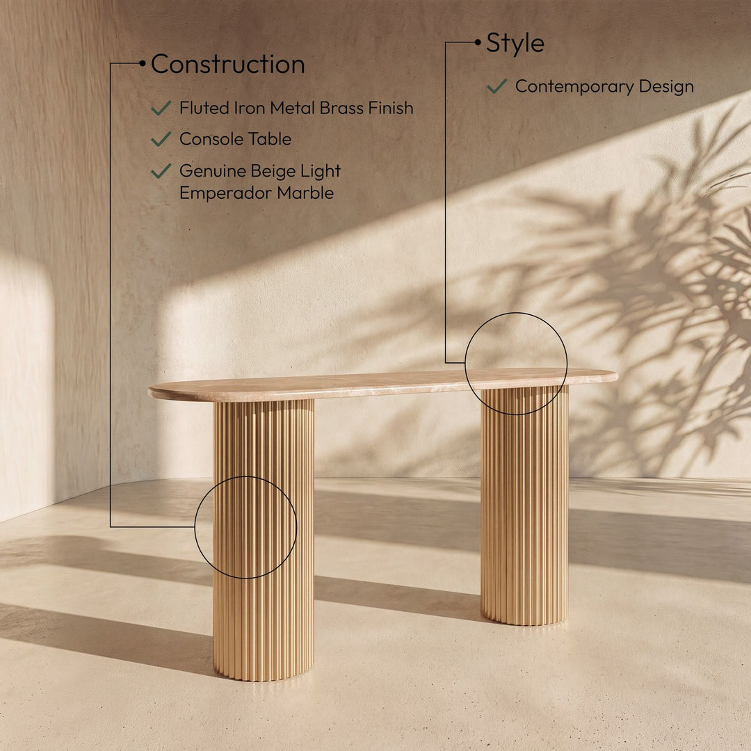 Cindra Genuine Marble Top And Iron Base Console Table — Beige / Brushed Brass
