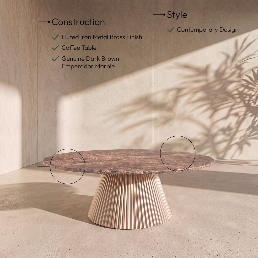 Cindra Genuine Marble Top And Iron Base Coffee Table — Brown / Brushed Brass