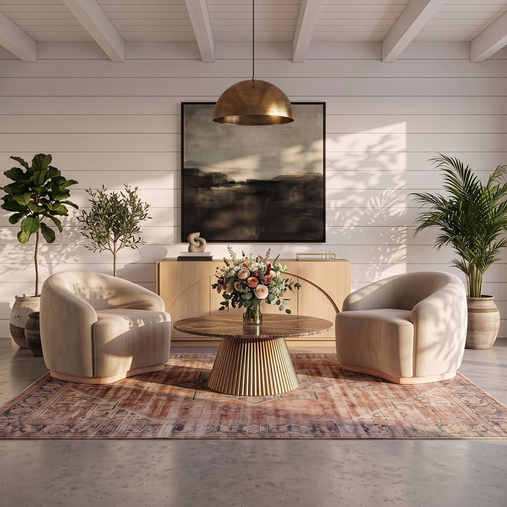 Cindra Genuine Marble Top And Iron Base Coffee Table — Brown / Brushed Brass