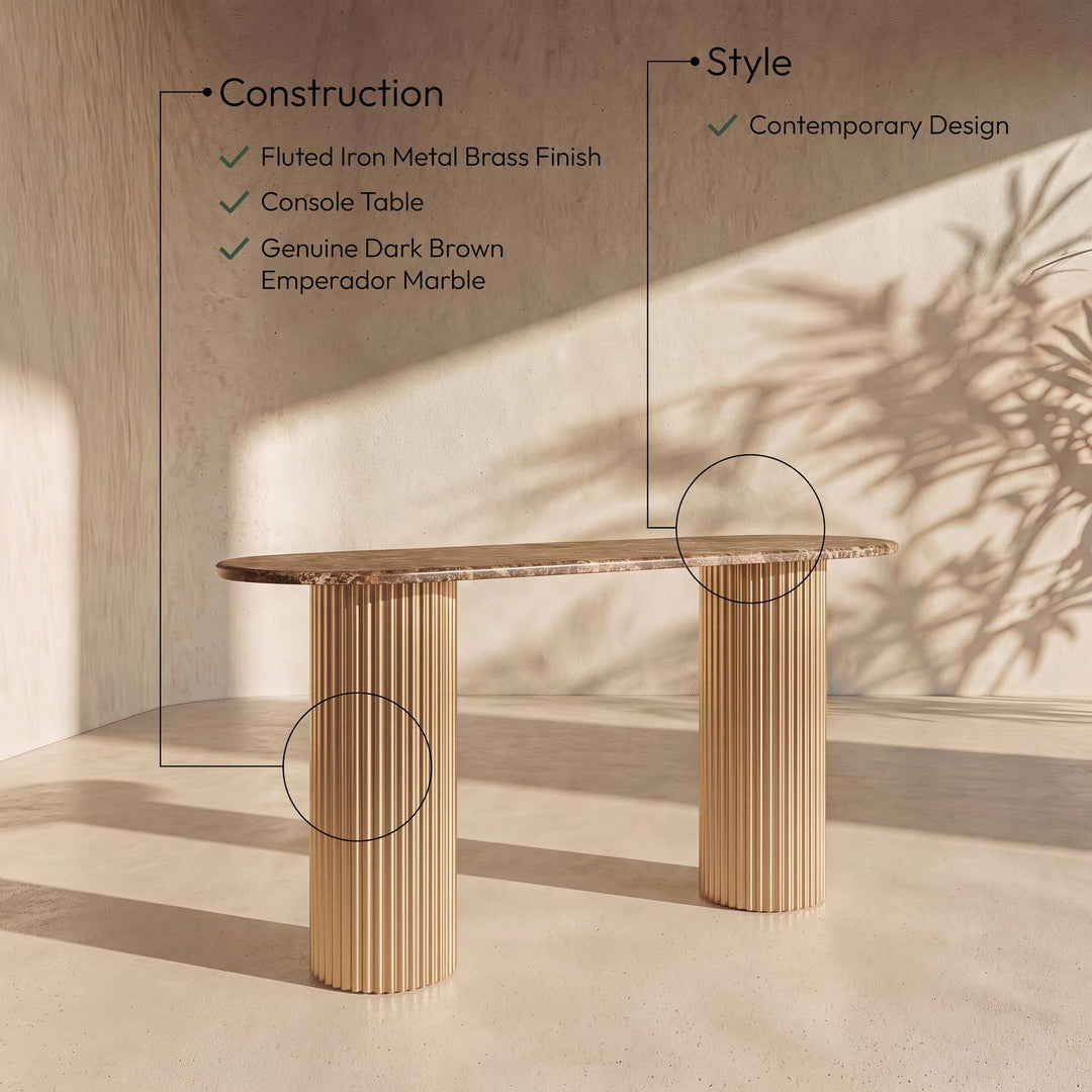 Cindra Genuine Marble Top And Iron Base Console Table — Brown / Brushed Brass