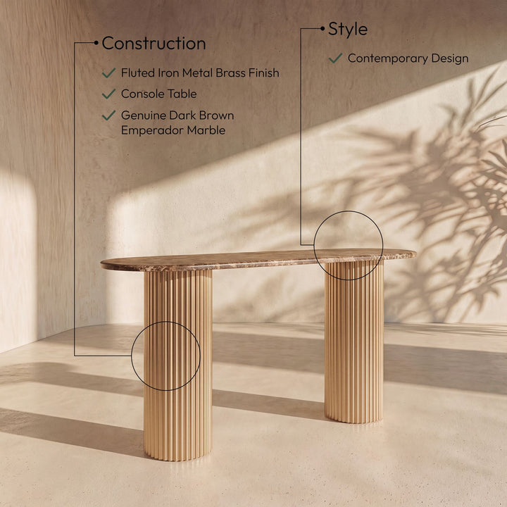 Cindra Genuine Marble Top And Iron Base Console Table — Brown / Brushed Brass