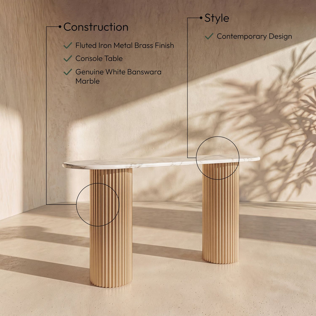 Cindra Genuine Marble Top And Iron Base Console Table — White / Brushed Brass