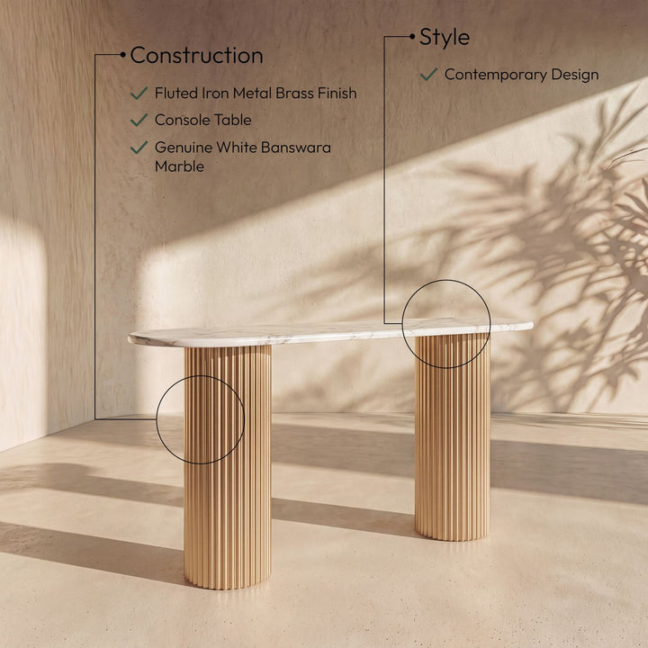 Cindra Genuine Marble Top And Iron Base Console Table — White / Brushed Brass