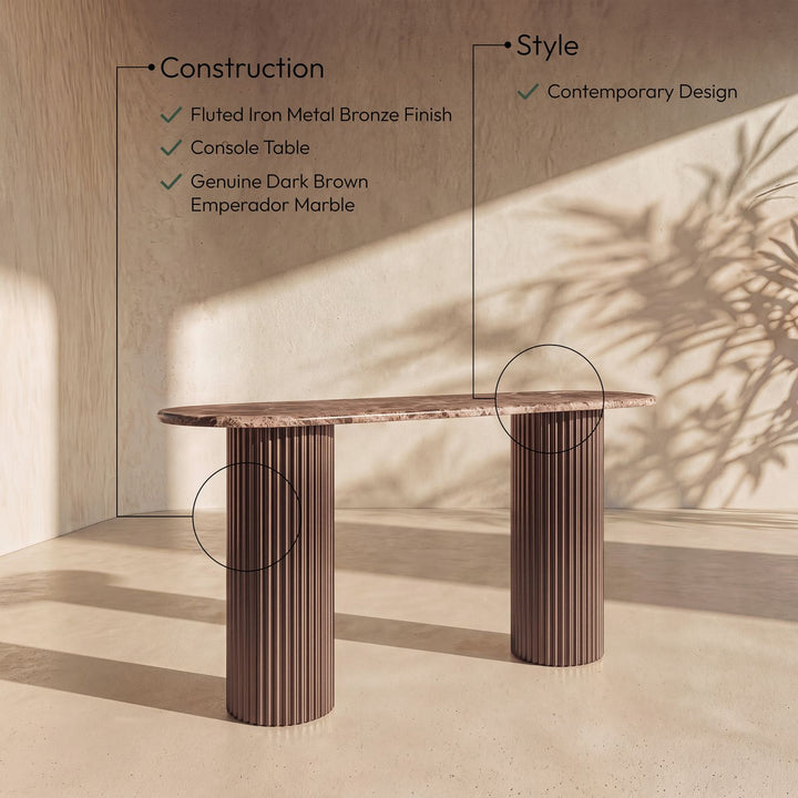 Cindra Genuine Marble Top And Iron Base Console Table — Brown / Bronzed Bronze