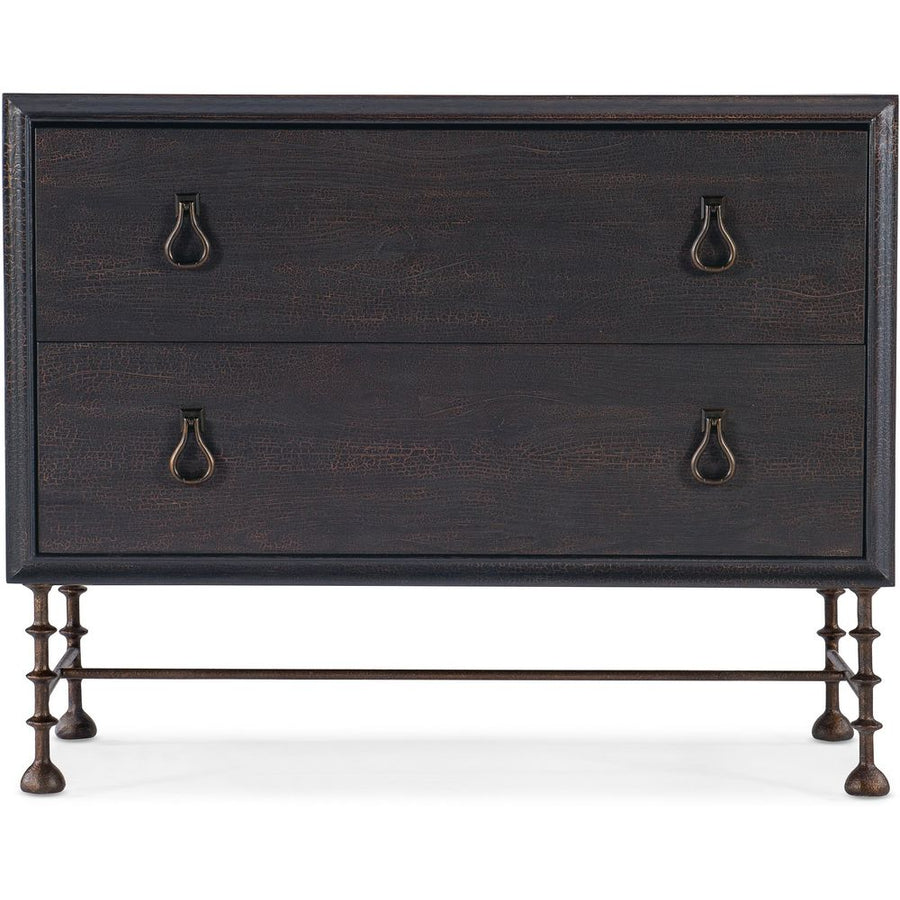 Big Sky Bachelors Chest, shown in dark brown and espresso with wood, metal, and two full-width drawers.