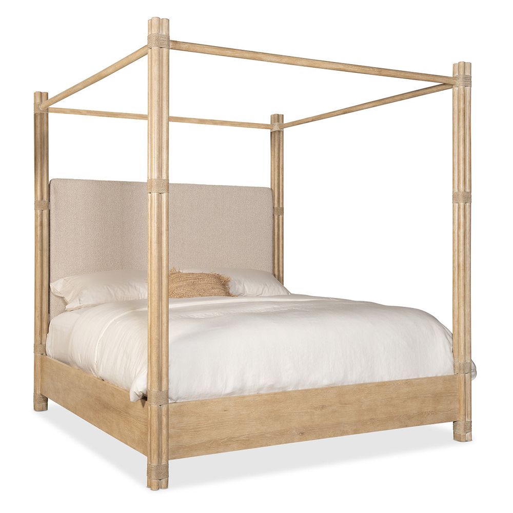 Beds Solace Pole Rattan King Upholstered Poster Bed with Canopy - Light Wood