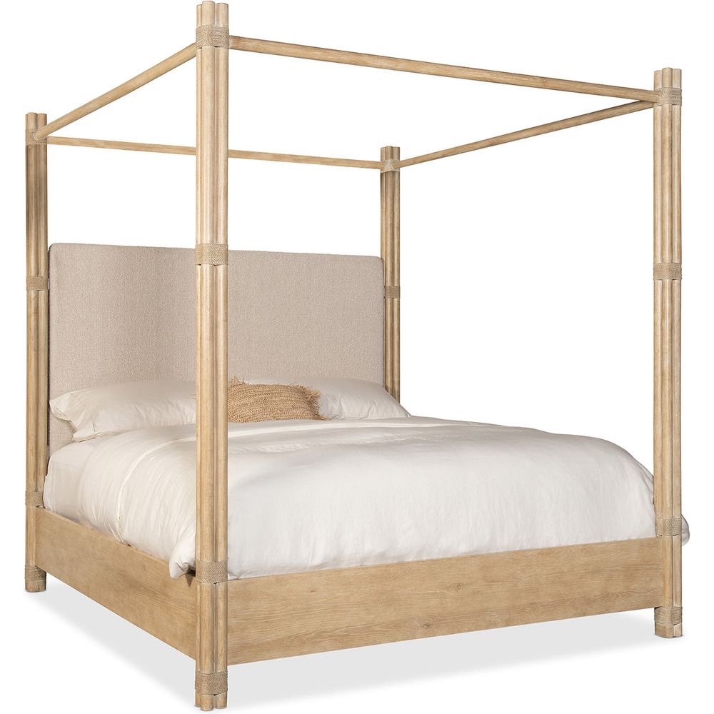 Beds Retreat Pole Rattan Cal King Upholstered Poster Bed with Canopy - Light Wood
