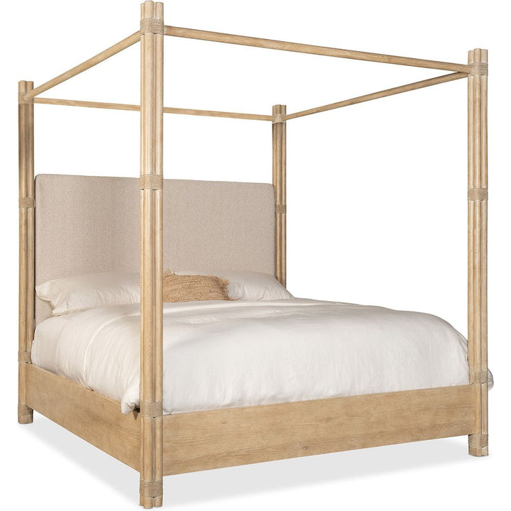Beds Retreat Pole Rattan Cal King Upholstered Poster Bed with Canopy - Light Wood