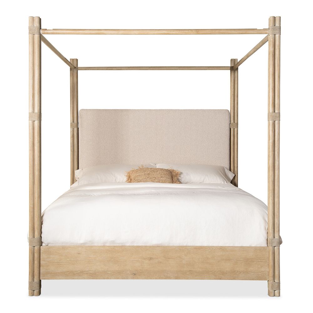 Beds Solace Pole Rattan King Upholstered Poster Bed with Canopy - Light Wood