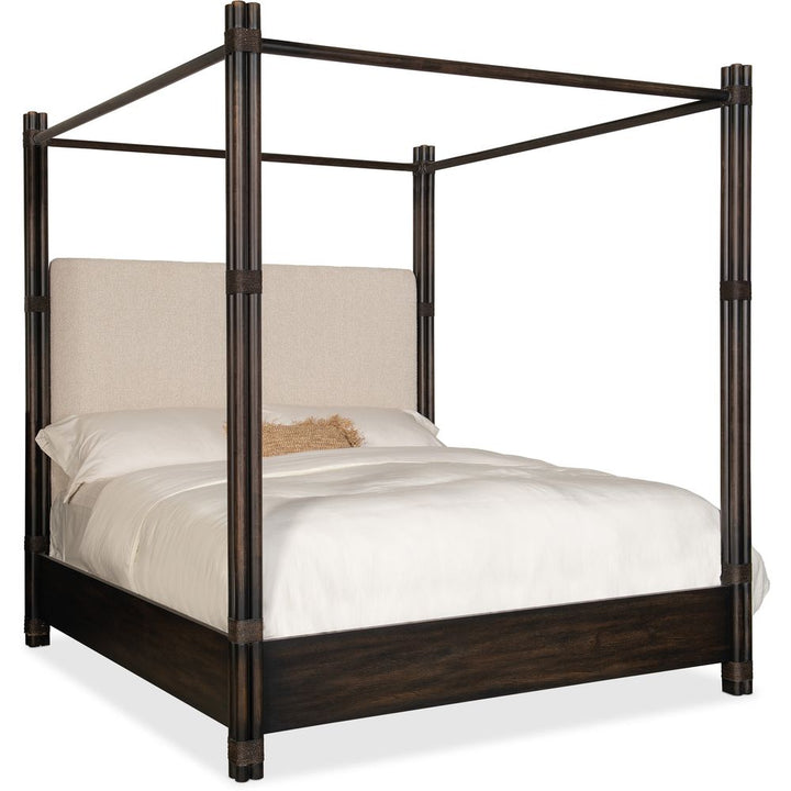 Beds Retreat Pole Rattan King Upholstered Poster Bed with Canopy - Dark Wood