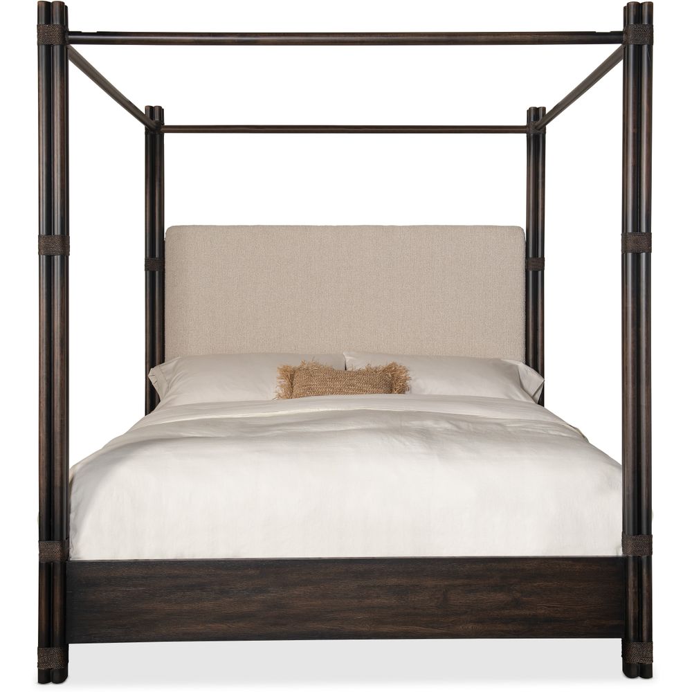 Beds Retreat Pole Rattan King Upholstered Poster Bed with Canopy - Dark Wood