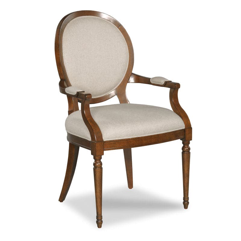 Alternate view of Hampton Arm Chair, featuring painted white finish, wood, leather, and fixed arms.
