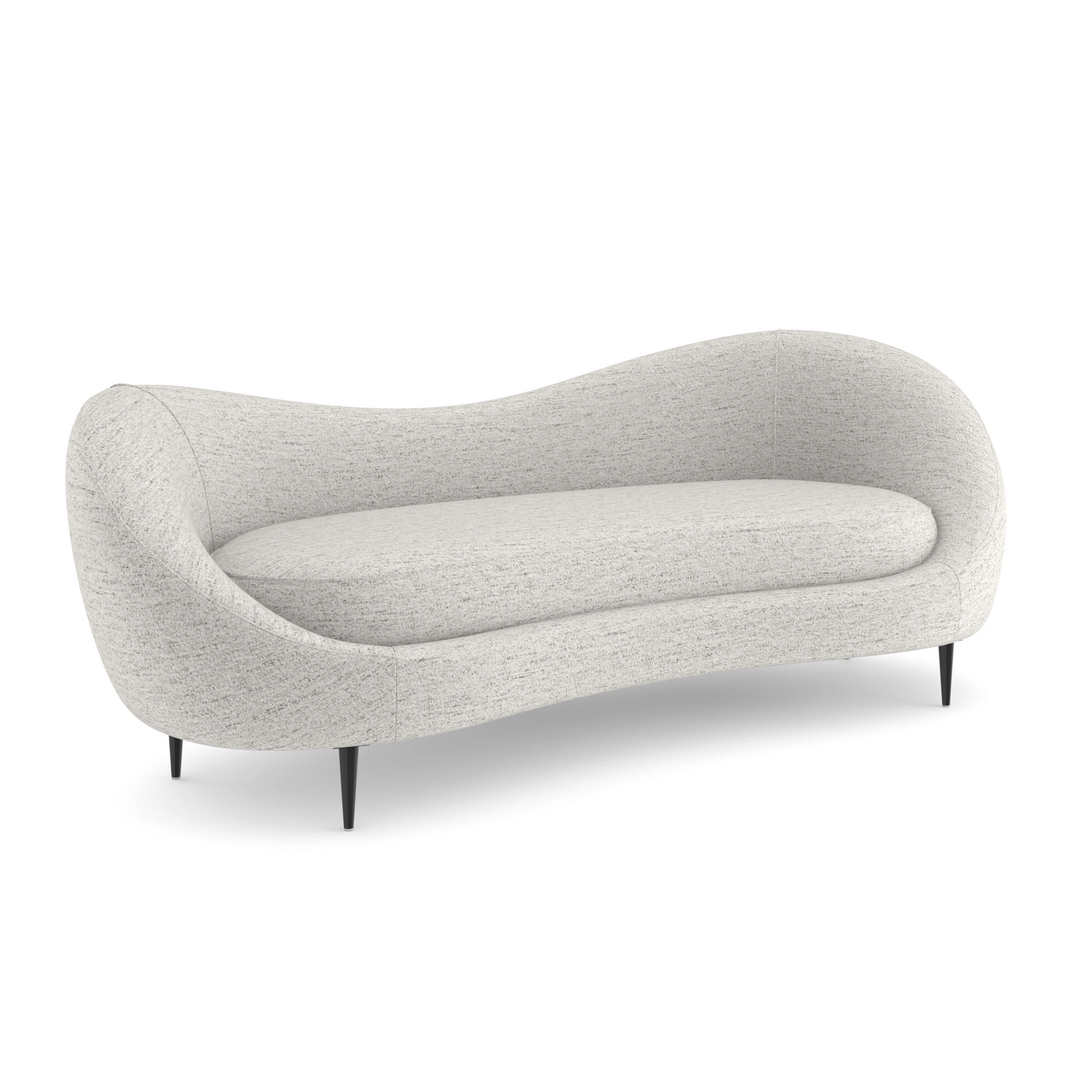 Formosa Sofa 96, shown in light gray and heathered beige with fabric, metal, and integrated continuous curved arms.