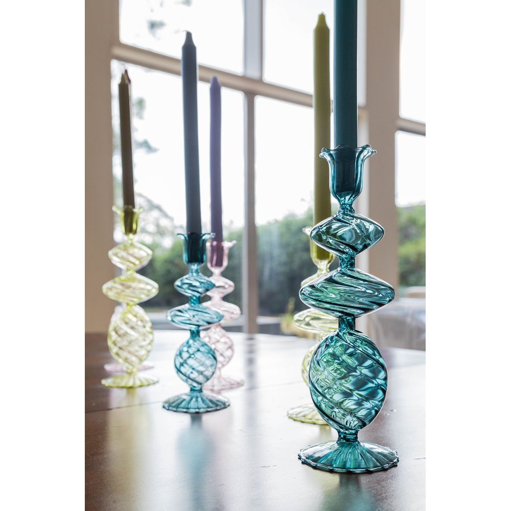 Green Swirl Glass Candlestick, Medium, Set of 2