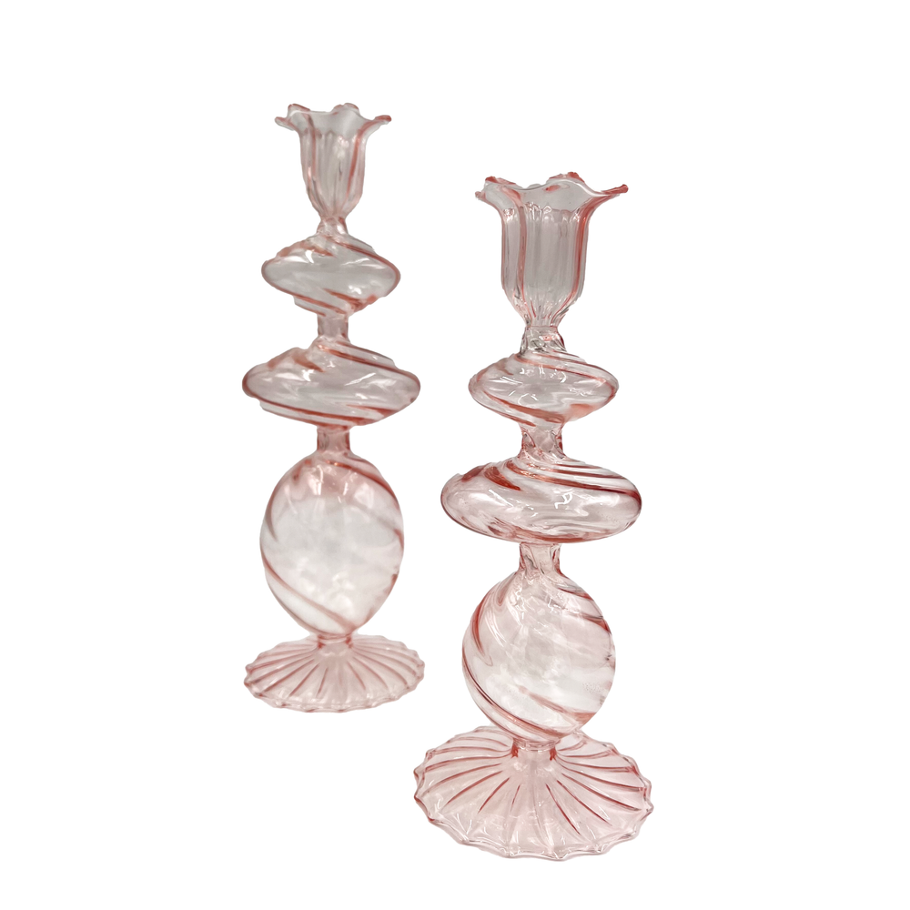 Pink Swirl Glass Candlestick, Medium, Set of 2