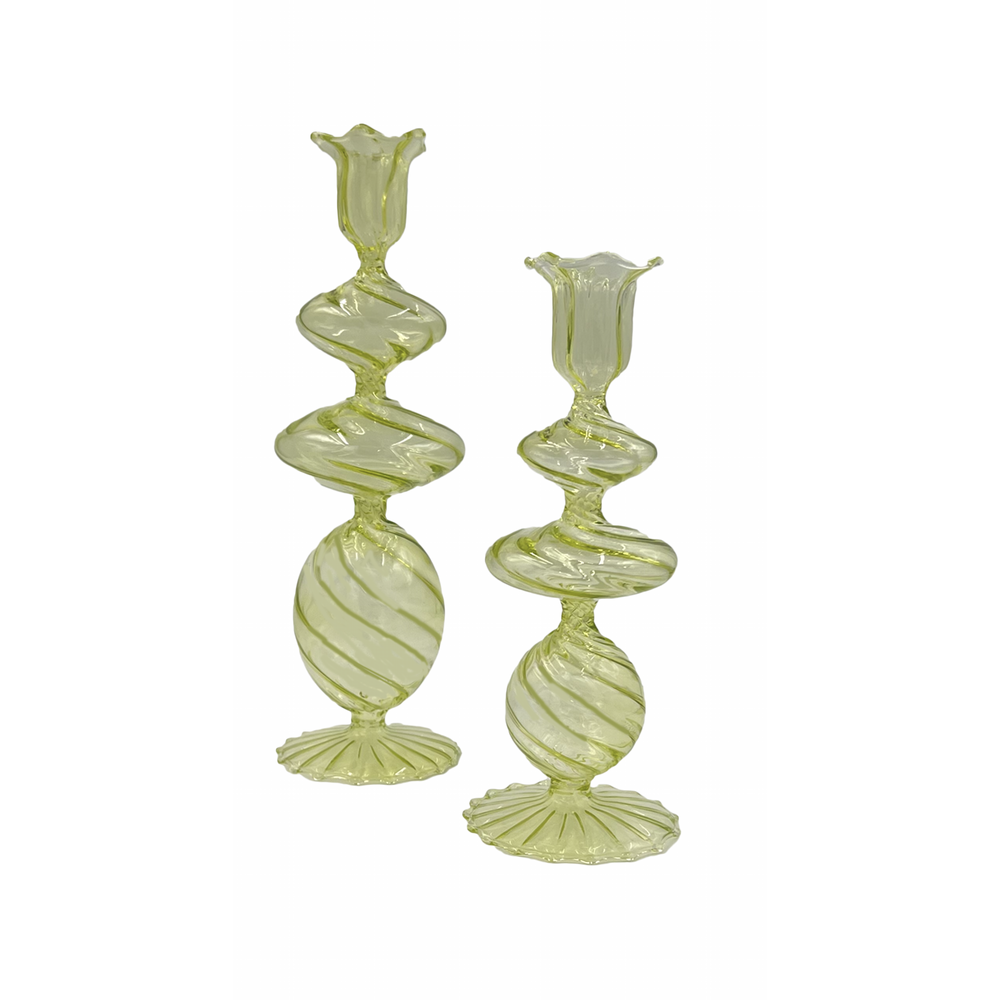 Green Swirl Glass Candlestick, Medium, Set of 2