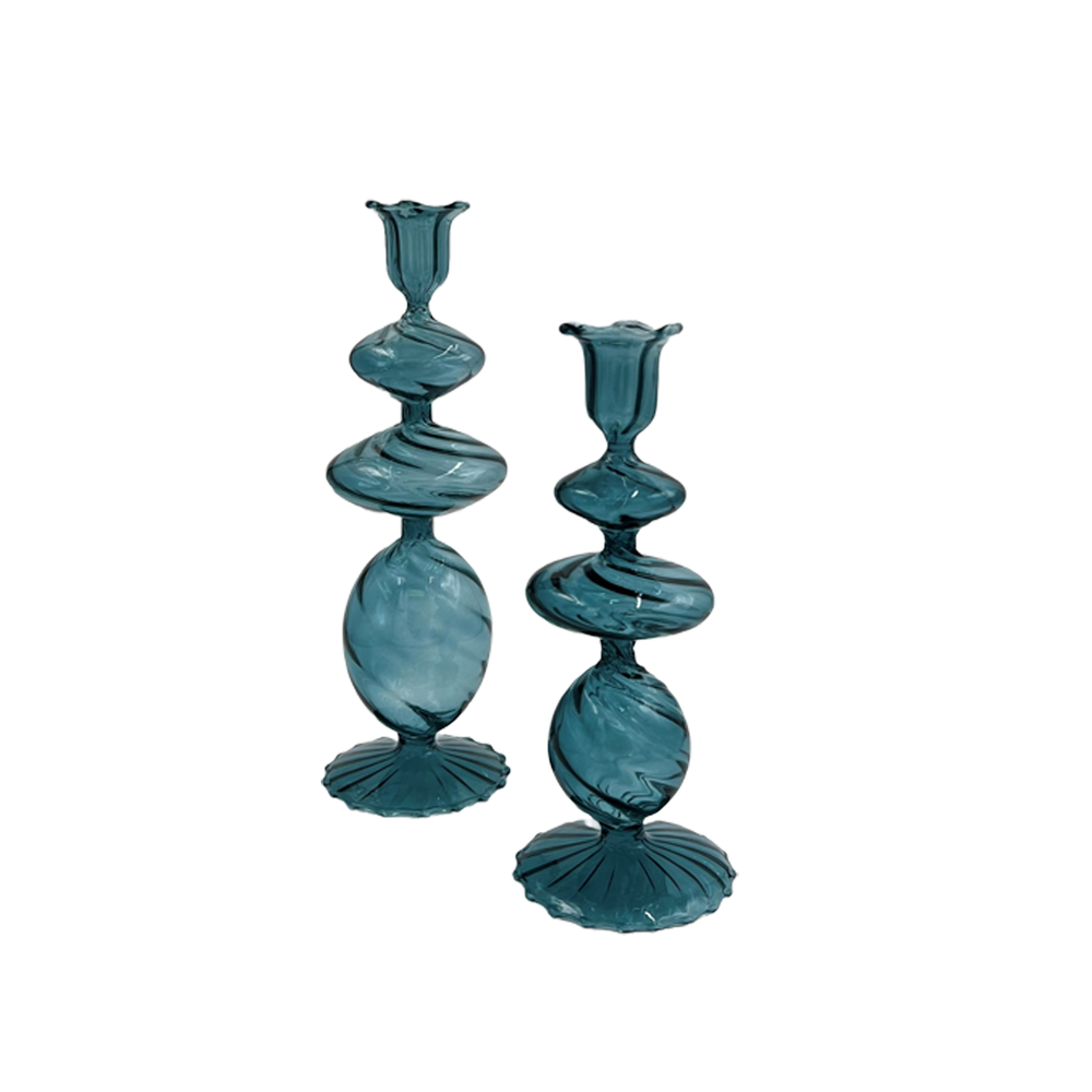 Blue Swirl Glass Candlestick, Large, Set of 2
