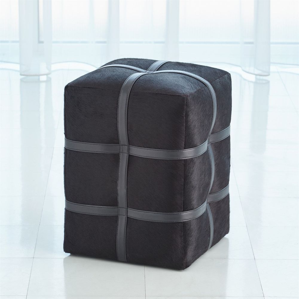 Poufs Belted Poof-Black Hair on Hide Leather