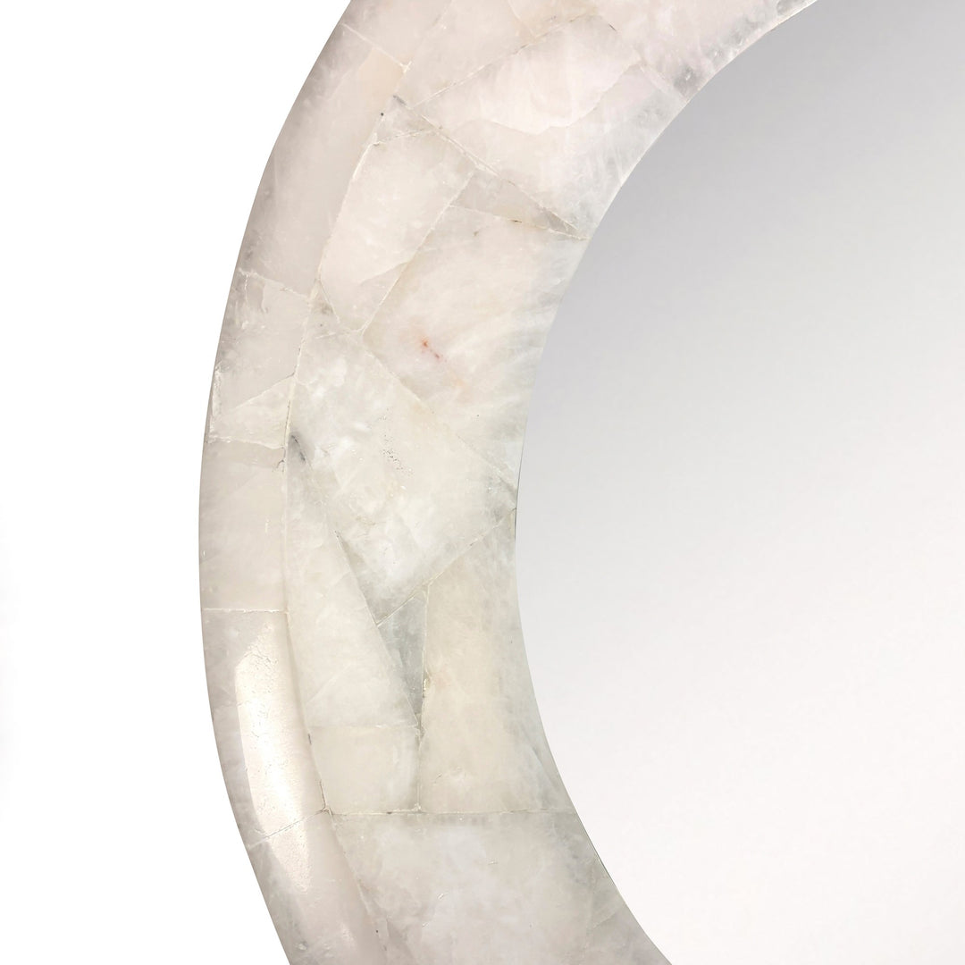 Alternate view of Allira Quartz Round Mirror, featuring polished finish, quartz, mirror glass, and wall-mounted mirror.