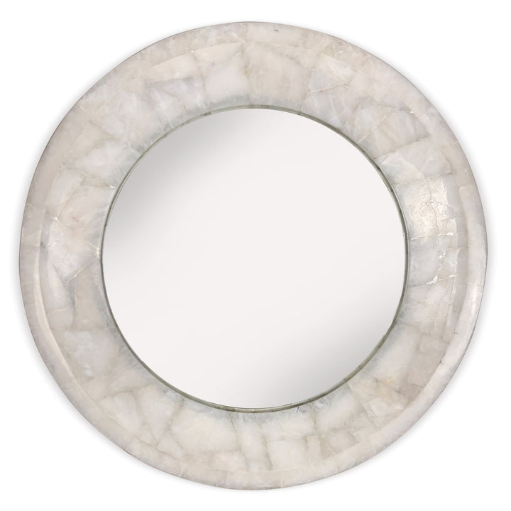 Allira Quartz Round Mirror, shown in ivory and off-white with quartz, mirror glass, and wall-mounted mirror.