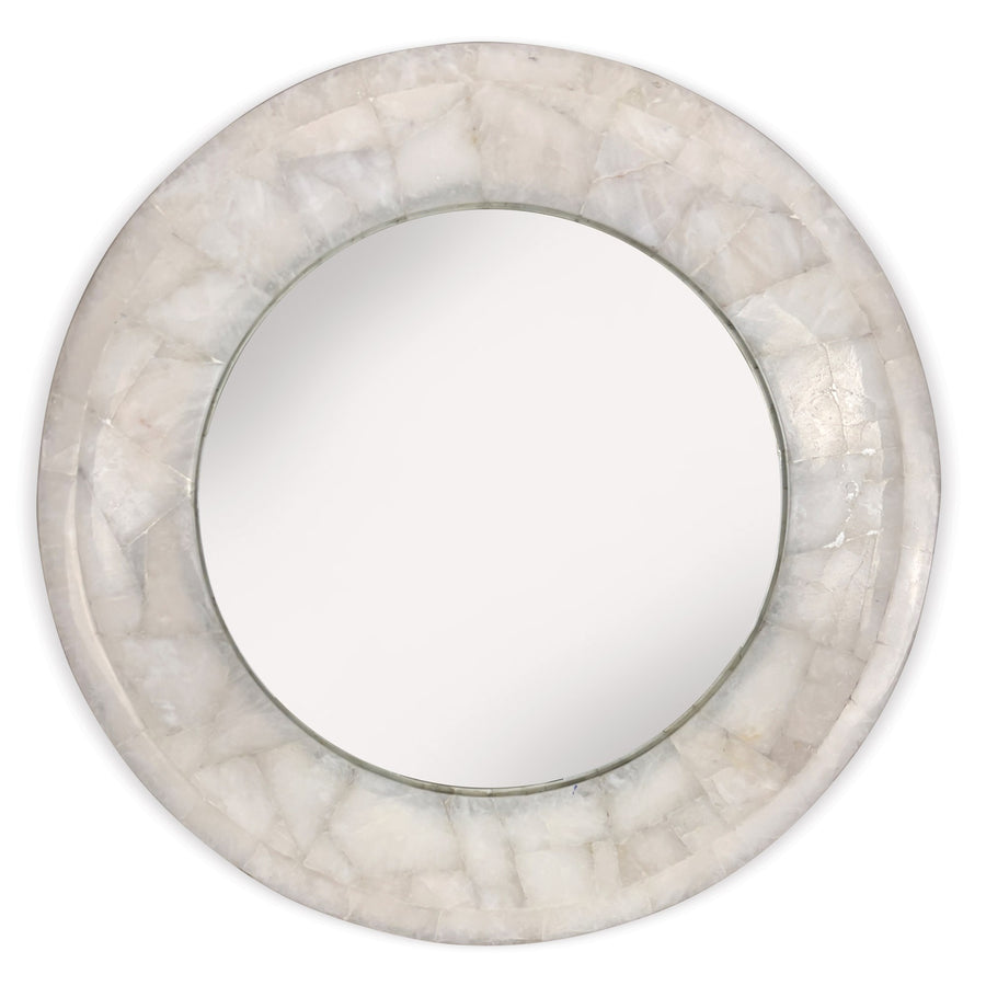 Allira Quartz Round Mirror, shown in ivory and off-white with quartz, mirror glass, and wall-mounted mirror.
