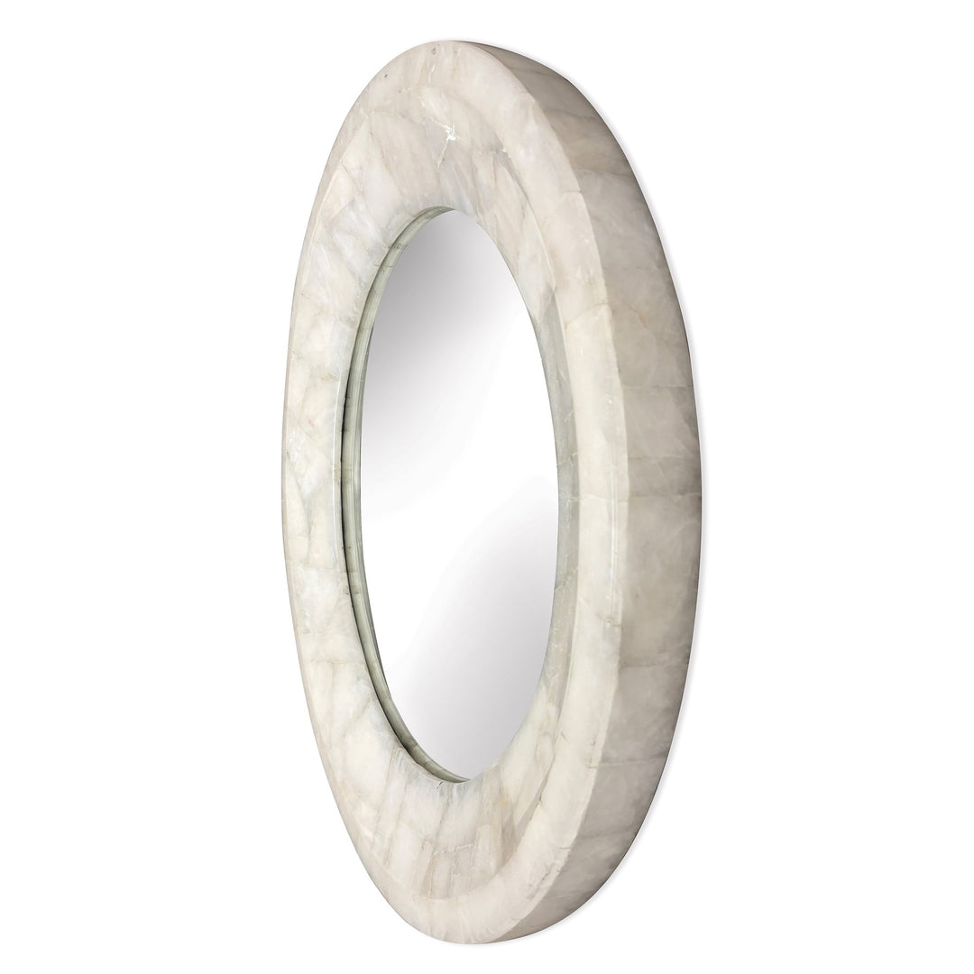 Additional view of Allira Quartz Round Mirror in ivory and off-white, featuring polished finish and wall-mounted mirror.