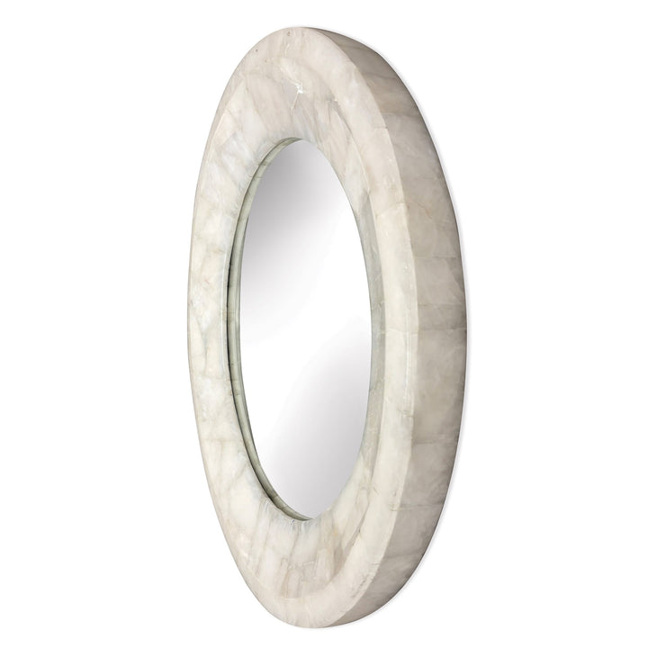 Additional view of Allira Quartz Round Mirror in ivory and off-white, featuring polished finish and wall-mounted mirror.