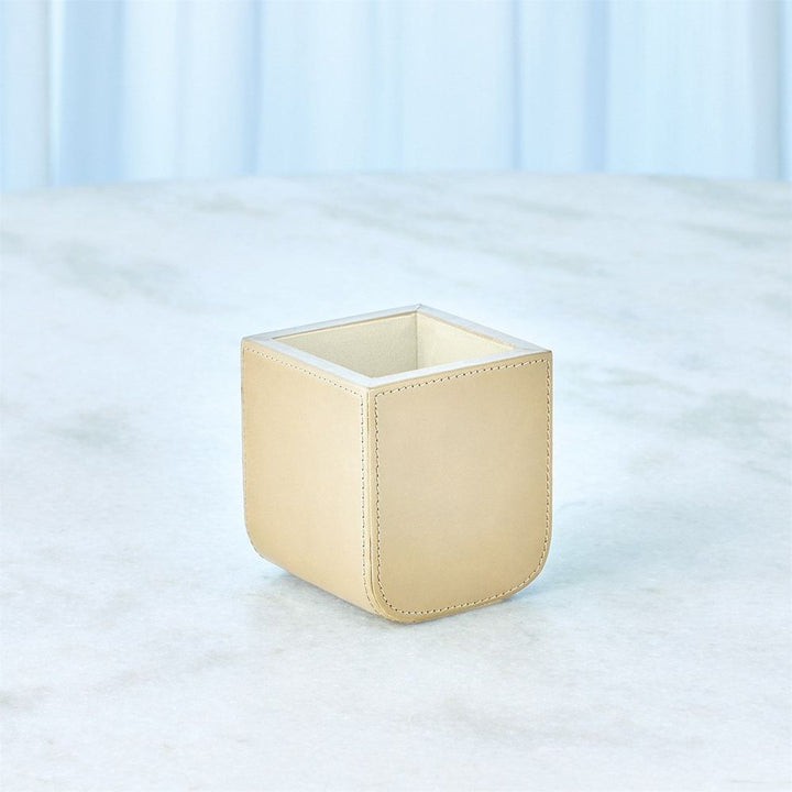 Radius Edge Leather Wastebasket-Beige