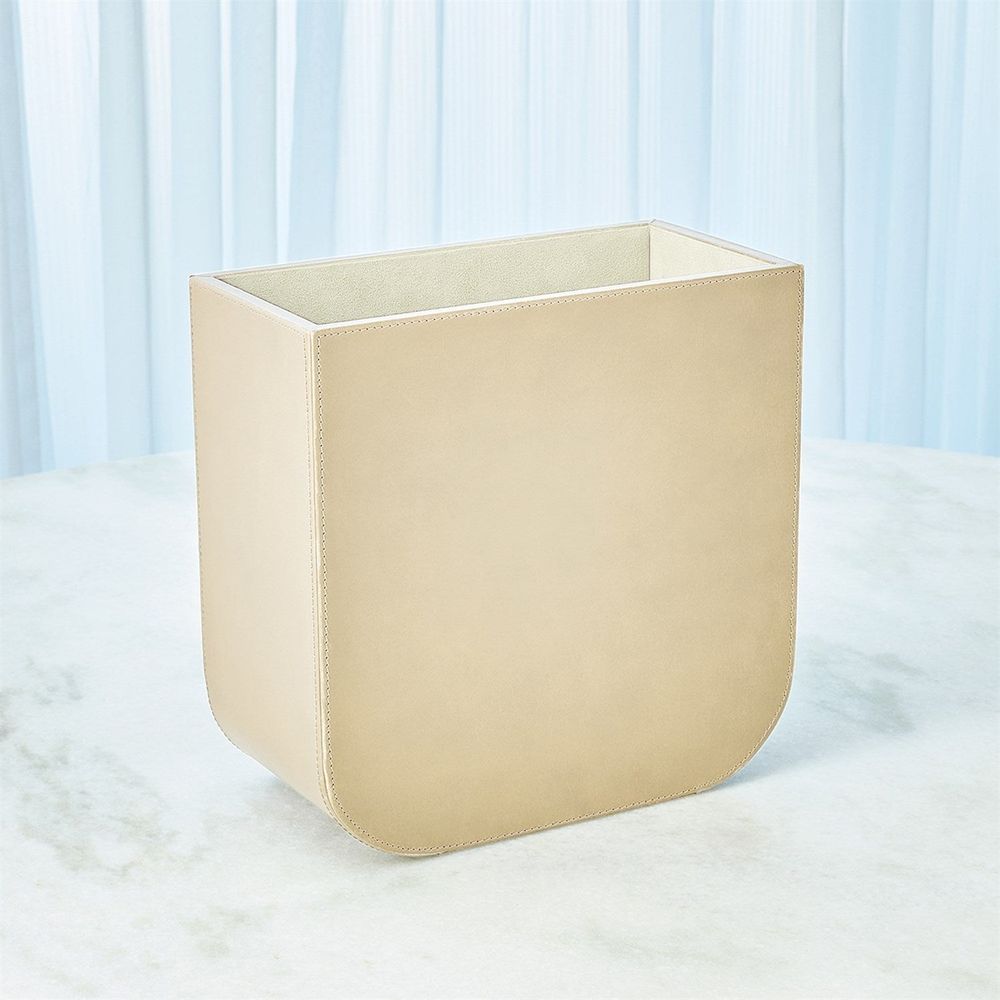 Radius Edge Leather Wastebasket-Beige