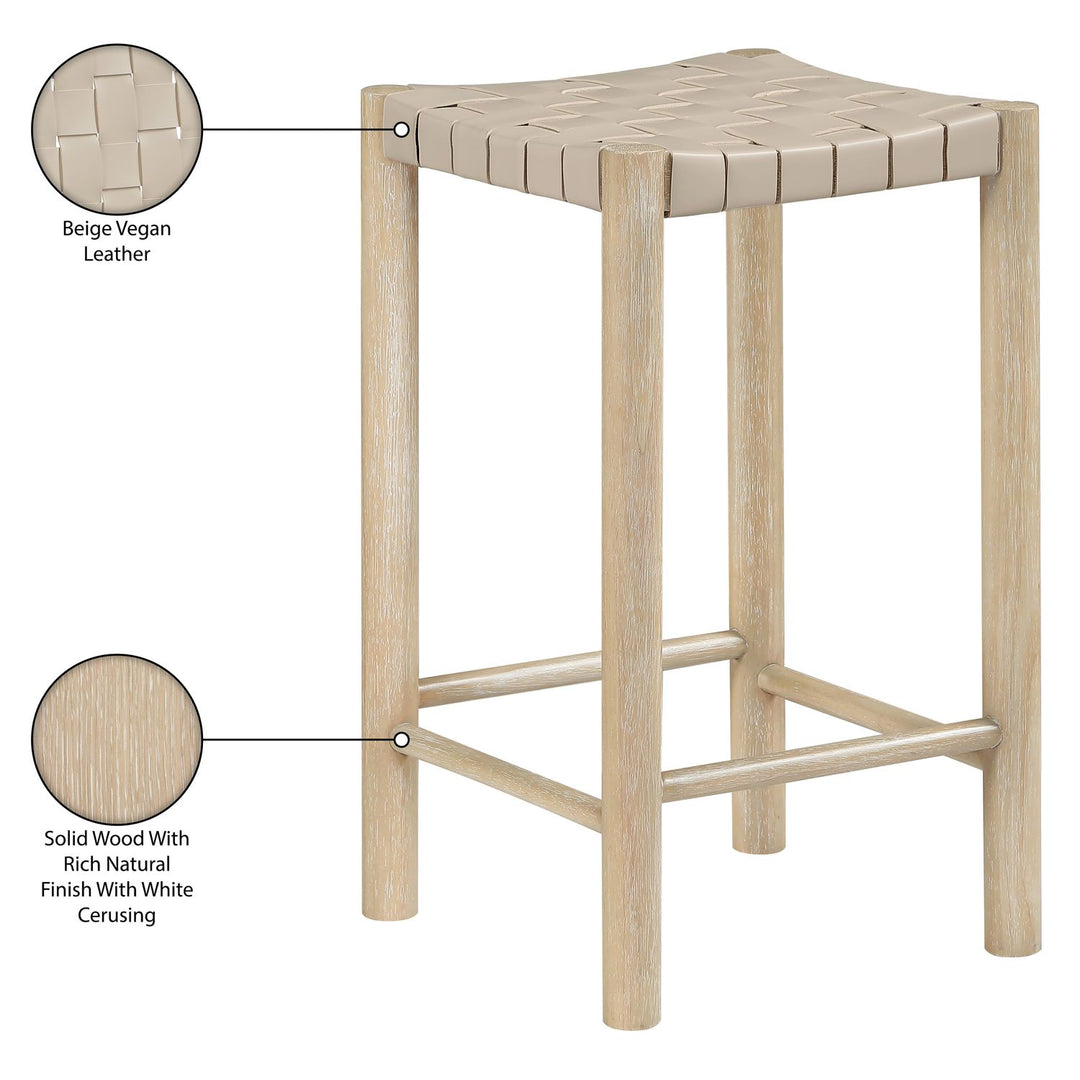 Entwine Vegan Leather Upholstered Counter Stool — Beige / Painted Natural / White Cerusing