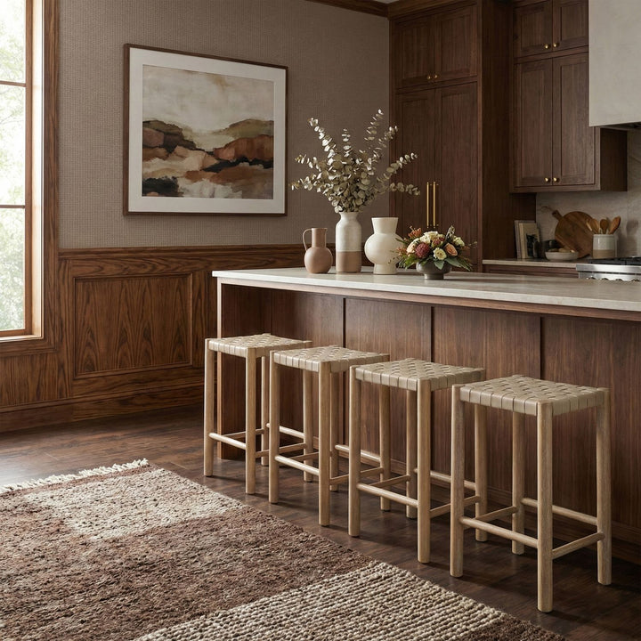 Entwine Vegan Leather Upholstered Counter Stool — Beige / Painted Natural / White Cerusing
