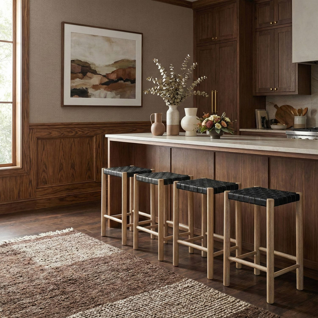 Entwine Vegan Leather Upholstered Counter Stool — Black / Painted Natural / White Cerusing