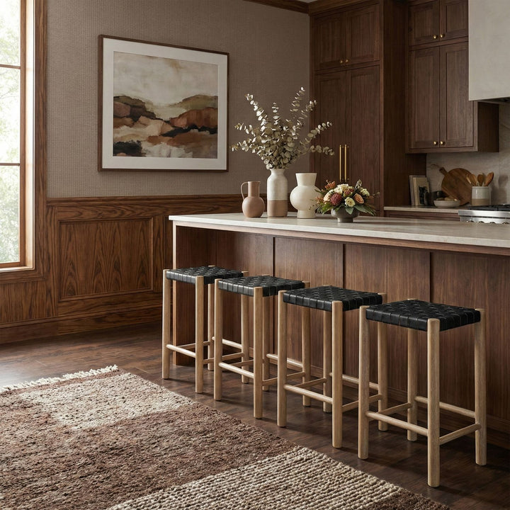 Entwine Vegan Leather Upholstered Counter Stool — Black / Painted Natural / White Cerusing