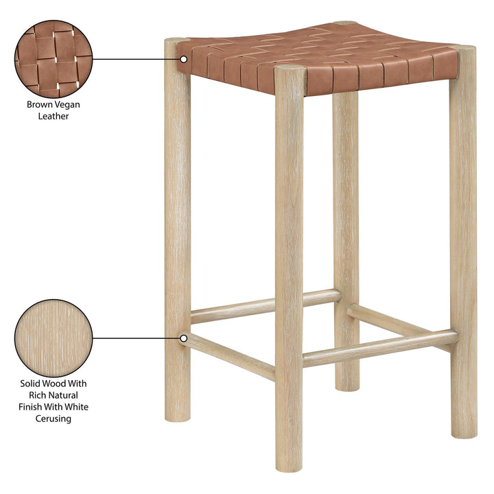 Entwine Vegan Leather Upholstered Counter Stool — Brown / Painted Natural / White Cerusing