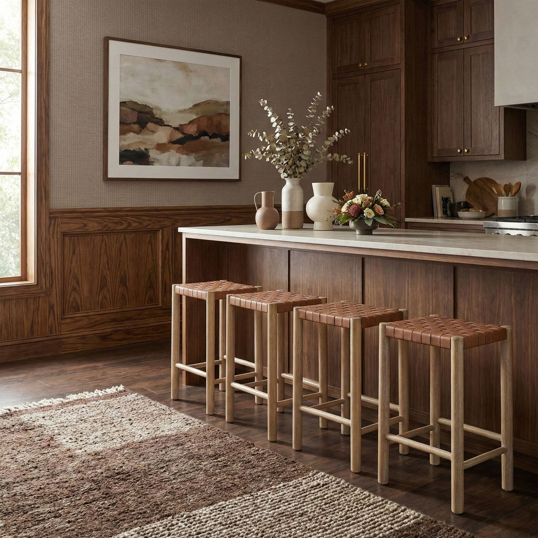 Entwine Vegan Leather Upholstered Counter Stool — Brown / Painted Natural / White Cerusing