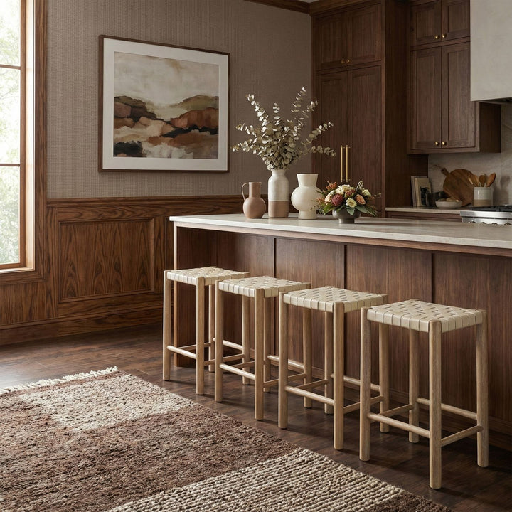 Entwine Vegan Leather Upholstered Counter Stool — Cream / Painted Natural / White Cerusing