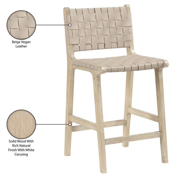 Entwine Vegan Leather Upholstered Counter Stool — Beige / Painted Natural / White Cerusing