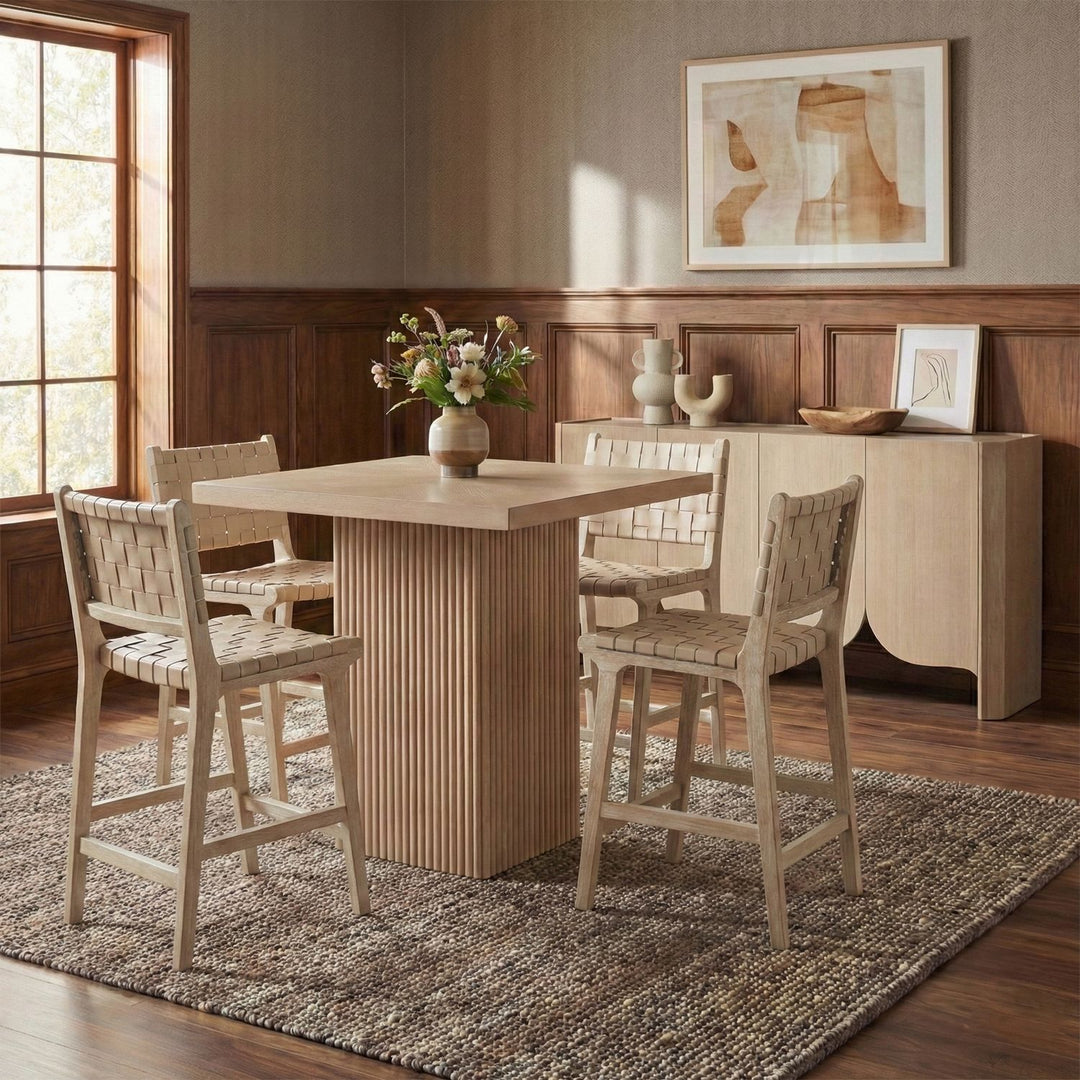 Entwine Vegan Leather Upholstered Counter Stool — Beige / Painted Natural / White Cerusing