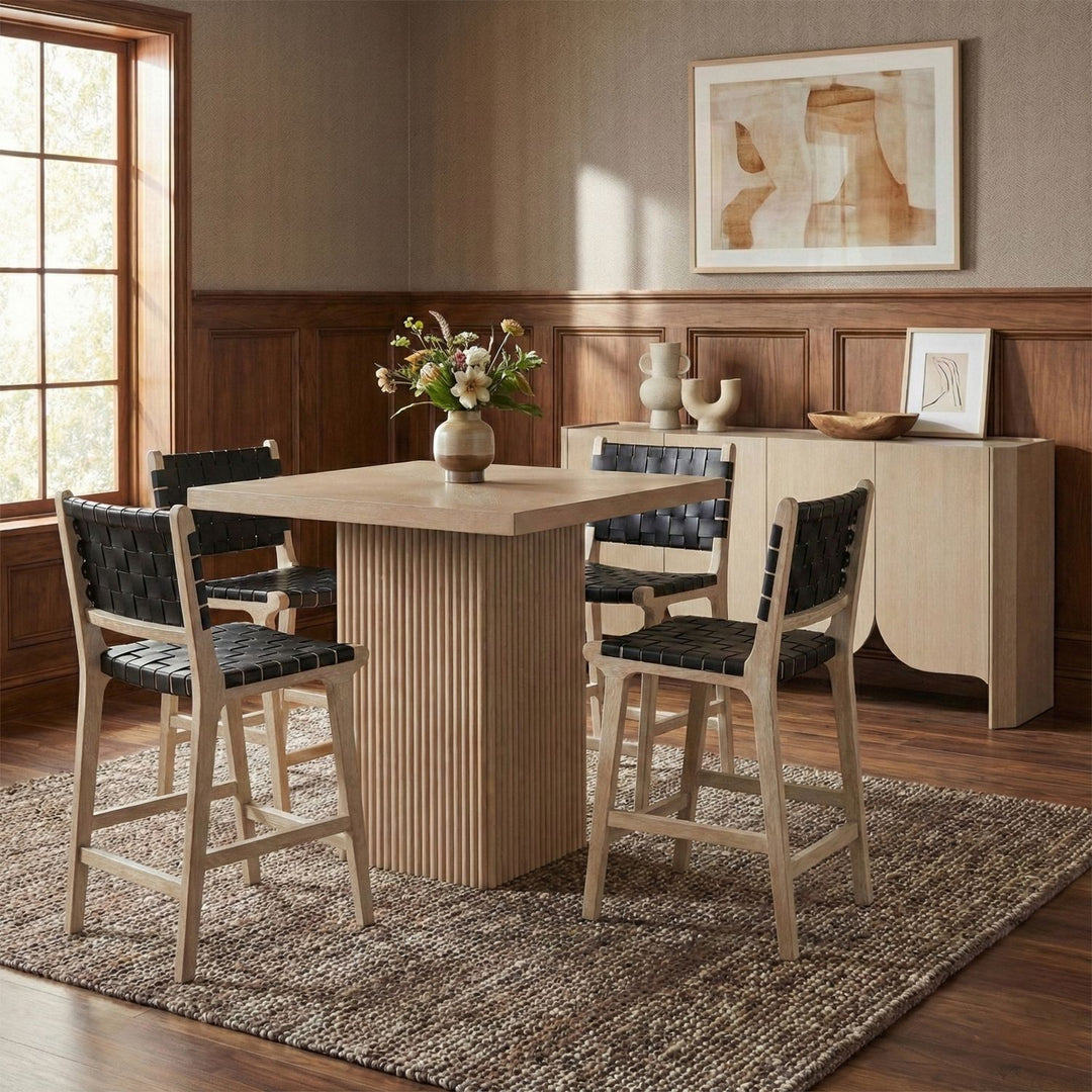 Entwine Vegan Leather Upholstered Counter Stool — Black / Painted Natural / White Cerusing