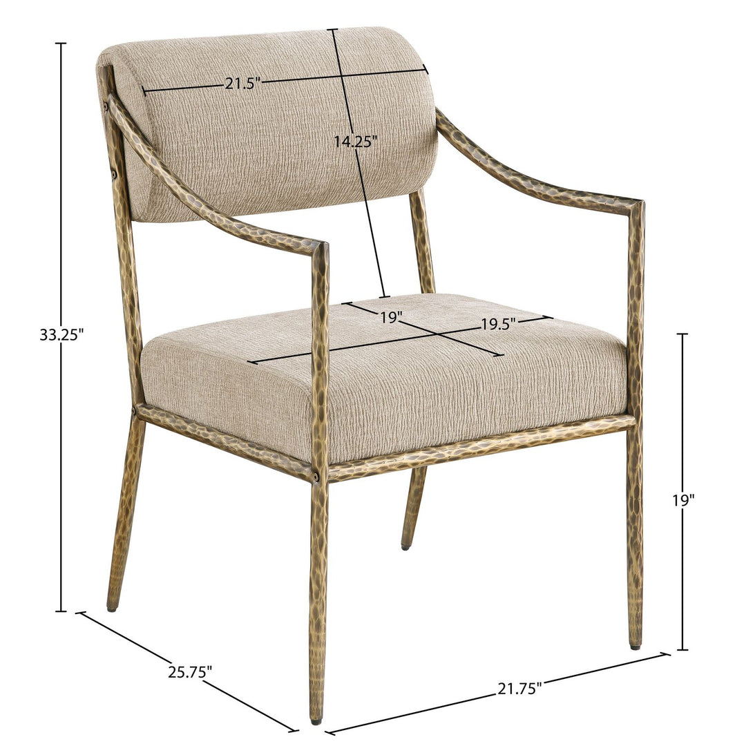 Bastille Chenille Fabric Upholstered Dining Arm Chair — Beige / Brushed Brass