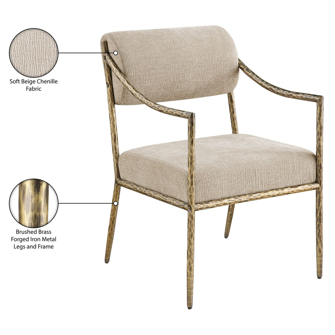 Bastille Chenille Fabric Upholstered Dining Arm Chair — Beige / Brushed Brass