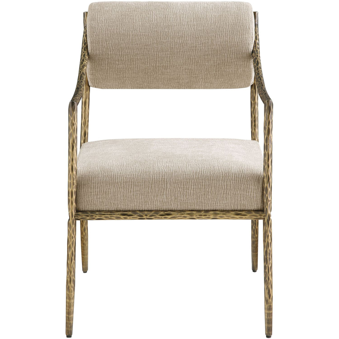 Bastille Chenille Fabric Upholstered Dining Arm Chair — Beige / Brushed Brass