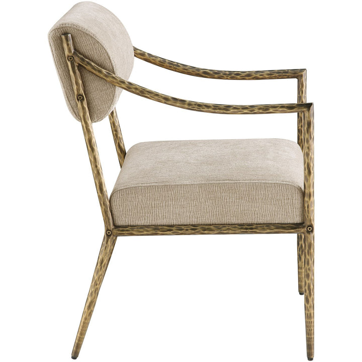 Bastille Chenille Fabric Upholstered Dining Arm Chair — Beige / Brushed Brass