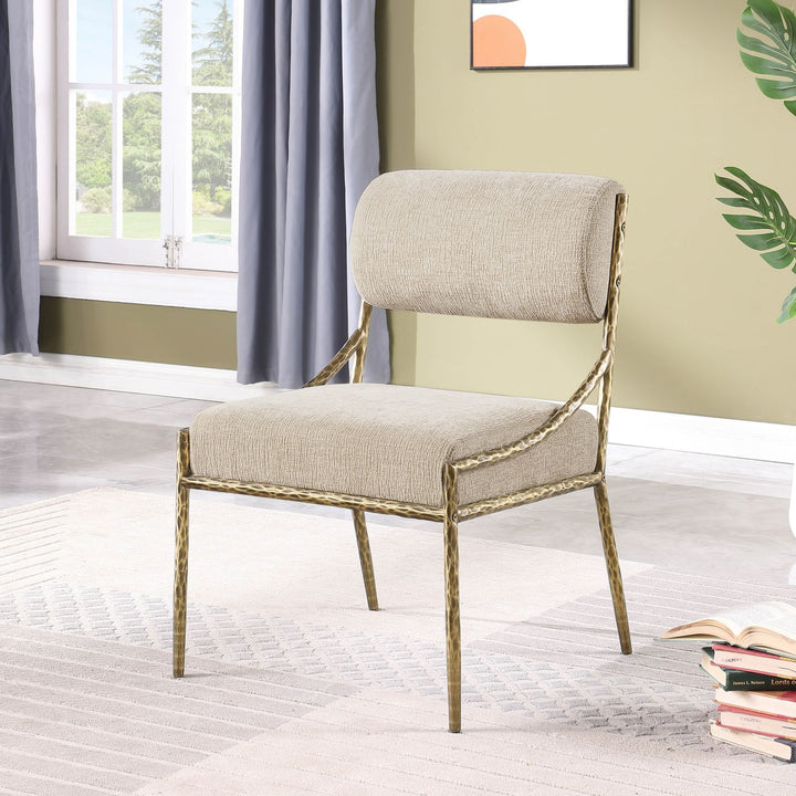 Bastille Chenille Fabric Upholstered Dining Side Chair — Beige / Brushed Brass