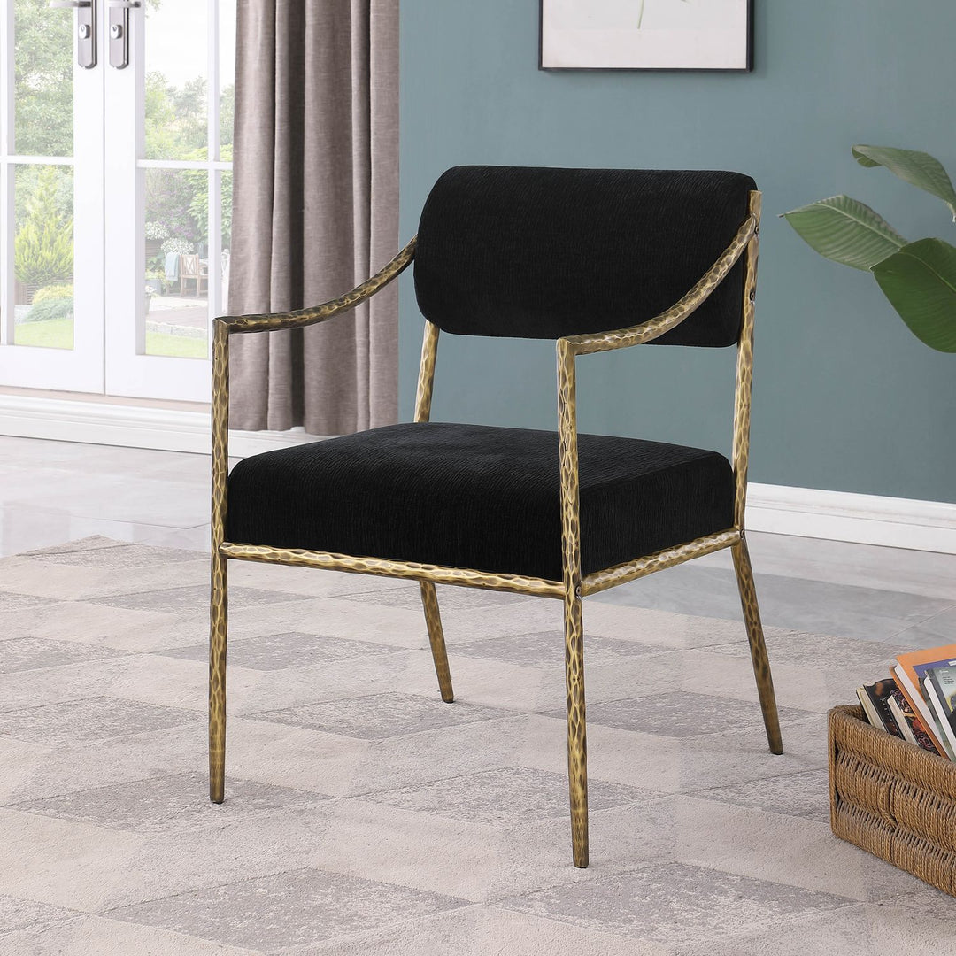 Bastille Chenille Fabric Upholstered Dining Arm Chair — Black / Brushed Brass