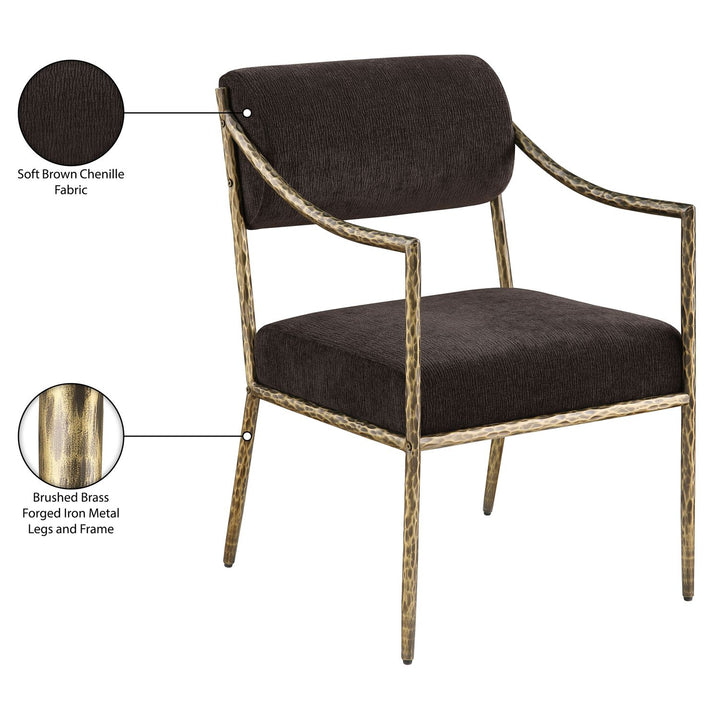 Bastille Chenille Fabric Upholstered Dining Arm Chair — Brown / Brushed Brass