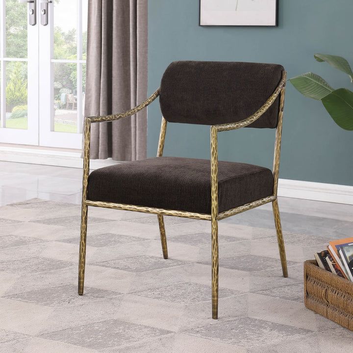 Bastille Chenille Fabric Upholstered Dining Arm Chair — Brown / Brushed Brass